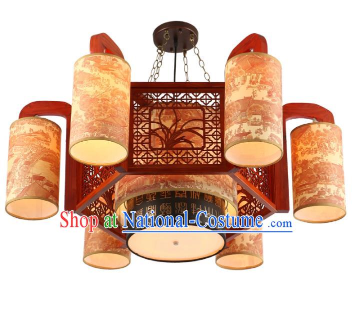 Traditional Chinese Wood Orchid Palace Lanterns Handmade Six-Lights Lantern Ancient Ceiling Lamp