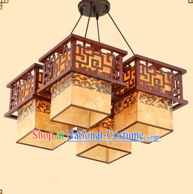 Traditional Chinese Four-Lights Palace Lanterns Handmade Wood Hanging Lantern Ancient Ceiling Lamp