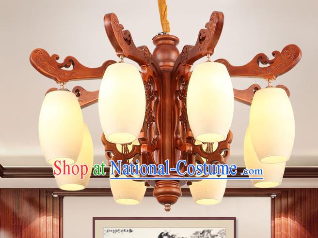 Traditional Chinese Wood Ceiling Lanterns Ancient Handmade Eight-Lights Lantern Ancient Marble Lamp