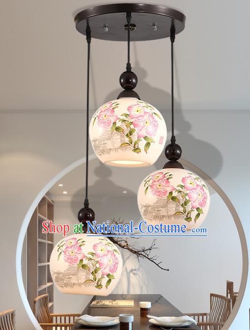 Traditional Chinese Handmade Ceramics Hanging Lantern Asian Painting Peach Blossom Ceiling Lanterns Ancient Lantern