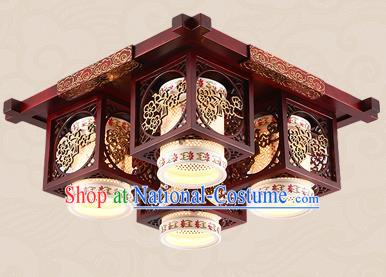 Traditional Chinese Handmade Four-Lights Lantern Asian Wood Carving Ceiling Lanterns Ancient Lantern