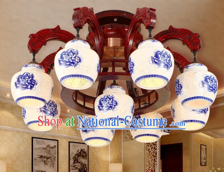 Traditional Chinese Handmade Nine-Pieces Ceiling Lantern Wood Palace Lanterns Ancient Lamp