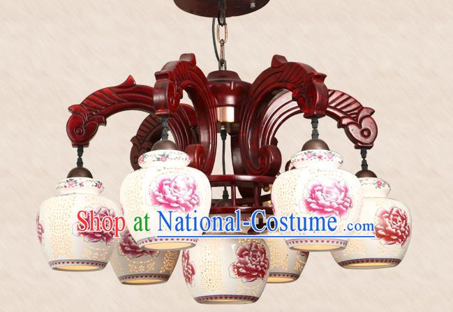 Traditional Chinese Handmade Seven-Pieces Ceiling Lantern Wood Palace Lanterns Ancient Lamp