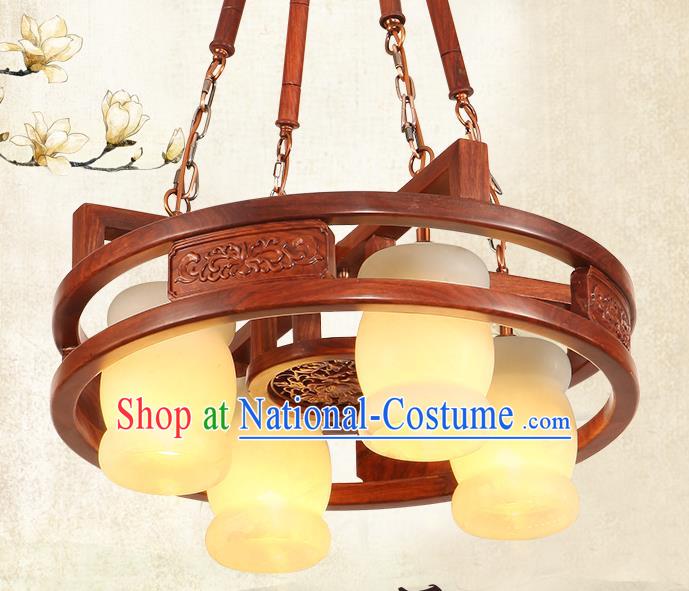 Traditional Chinese Handmade Marble Hanging Lantern Rosewood Four-Lights Palace Lanterns Ancient Lamp