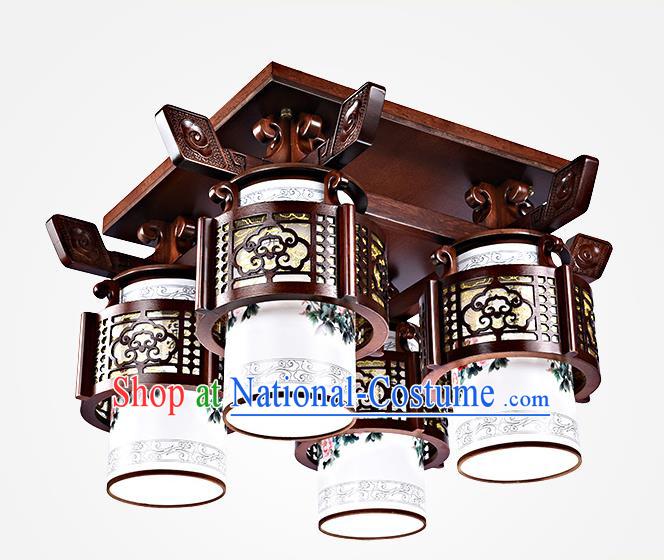 Traditional Chinese Painted Four-Lights Palace Lantern Handmade Wood Ceiling Lanterns Ancient Lamp