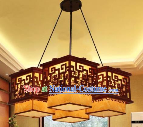 Traditional Chinese Parchment Palace Lantern Handmade Four-Lights Wood Ceiling Lanterns Ancient Lamp