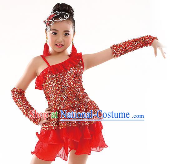 Top Latin Dance Performance Sequin Costume Traditional Children Modern Dance Red Dress for Kids