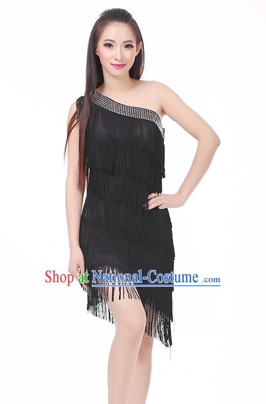 Top Modern Dance Latin Dance Costume Classical Jazz Dance Black Tassel Dress for Women