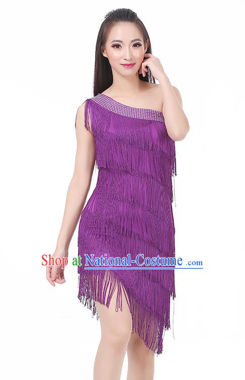 Top Modern Dance Latin Dance Costume Classical Jazz Dance Purple Tassel Dress for Women