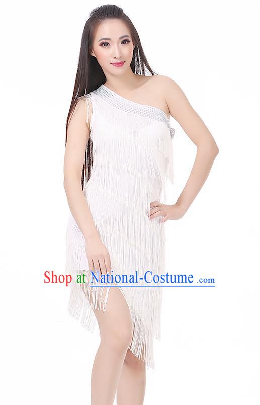 Top Modern Dance Latin Dance Costume Classical Jazz Dance White Tassel Dress for Women