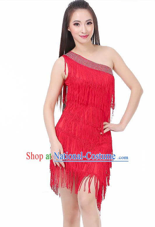 Top Modern Dance Latin Dance Costume Classical Jazz Dance Red Tassel Dress for Women