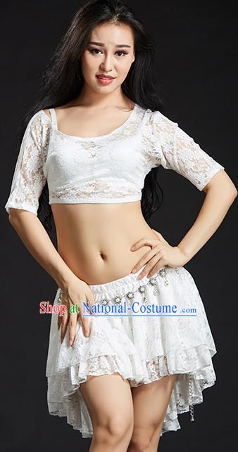 Indian Traditional Belly Dance Performance Costume Classical Oriental Dance White Lace Dress for Women