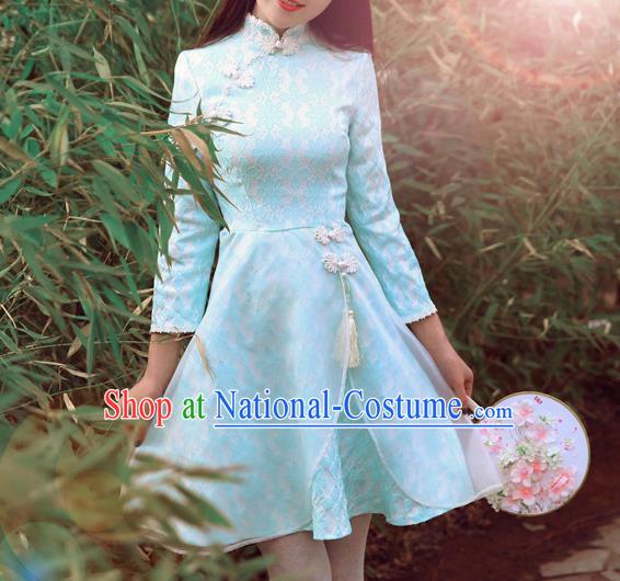 Traditional Chinese National Costume Blue Qipao Dress Tangsuit Embroidered Cheongsam Clothing for Women