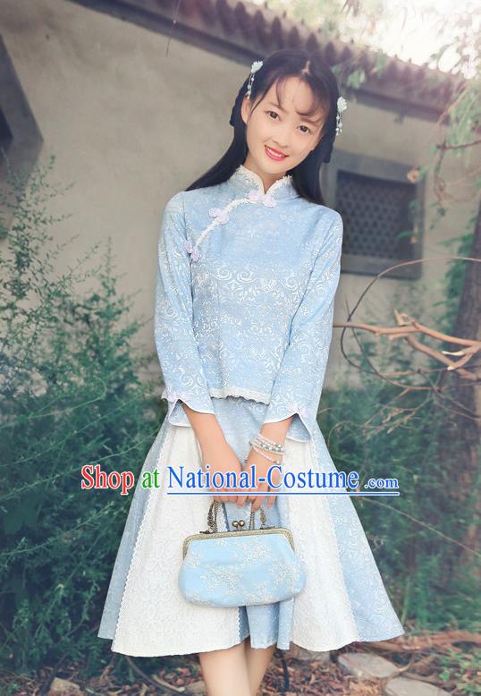 Traditional Ancient Chinese Young Women Cheongsam Dress Republic of China Tangsuit Stand Collar Blouse Dress Tang Suit Clothing