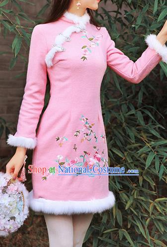 Traditional Chinese National Embroidered Peony Qipao Dress Costume Tangsuit Pink Cheongsam Clothing for Women