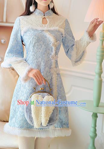 Traditional Chinese National Embroidered Blue Qipao Dress Costume Tangsuit Cheongsam Clothing for Women