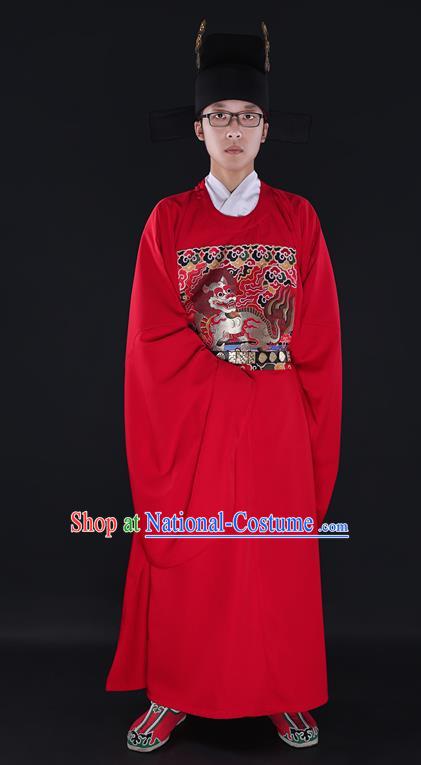 Chinese Ancient Wedding Costume Chancellor Kylin Red Robe Ming Dynasty Minister Clothing for Men