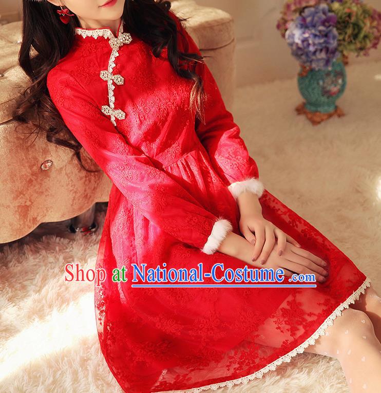 Traditional Chinese National Red Lace Dress Tangsuit Embroidered Cheongsam Clothing for Women