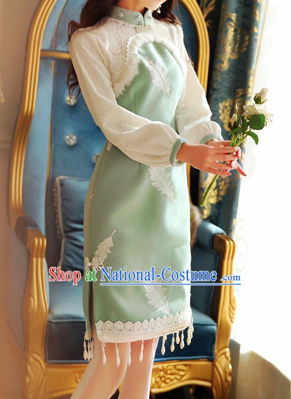 Traditional Chinese National Green Wool Dress Tangsuit Cheongsam Clothing for Women