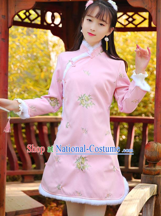 Traditional Chinese National Pink Dress Tangsuit Embroidered Cheongsam Clothing for Women