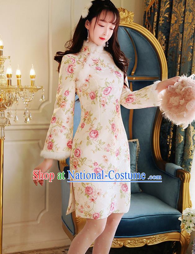 Chinese National Tangsuit Printing Rose Qipao Dress Cheongsam Clothing for Women