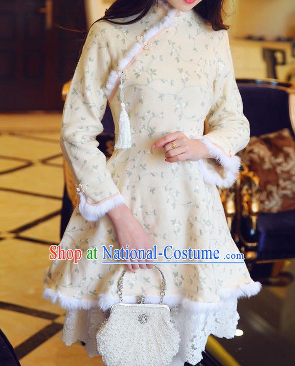 Traditional Chinese National Embroidered Beige Qipao Dress Tangsuit Cheongsam Clothing for Women