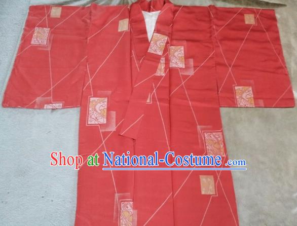 Japan Traditional Costume Printing Red Yukata Dress Japanese Furisode Kimono for Women