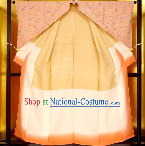 Japan Traditional Costume Printing Flowers Pink Yukata Dress Japanese Furisode Kimono for Women