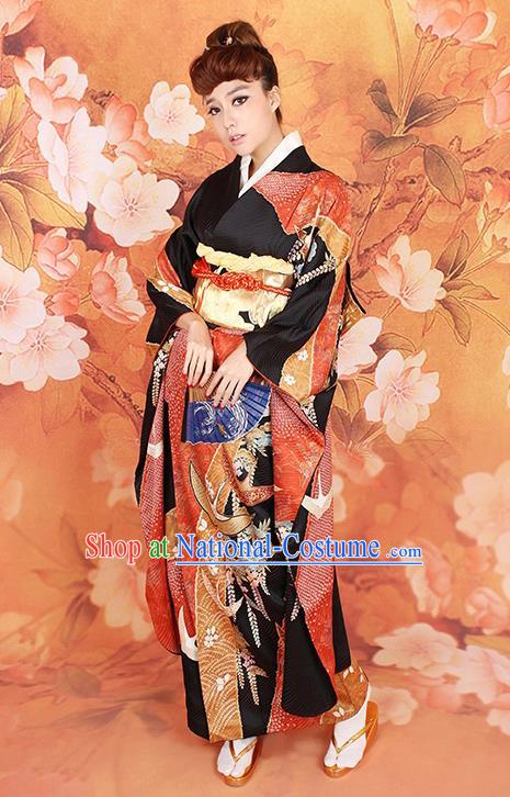 Traditional Asian Japan Wedding Costume Japanese Apparel Black Yukata Dress Furisode Kimono for Women