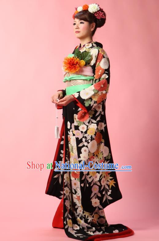 Traditional Asian Japan Geisha Costume Japanese Black Yukata Dress Furisode Kimono for Women