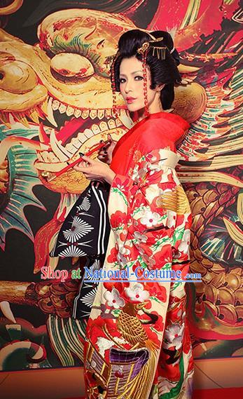 Traditional Asian Japan Bride Costume Red Yukata Dress Japanese Wedding Furisode Kimono for Women