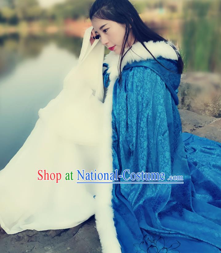 Chinese Ancient Ming Dynasty Princess Costume Blue Long Cloak for Women