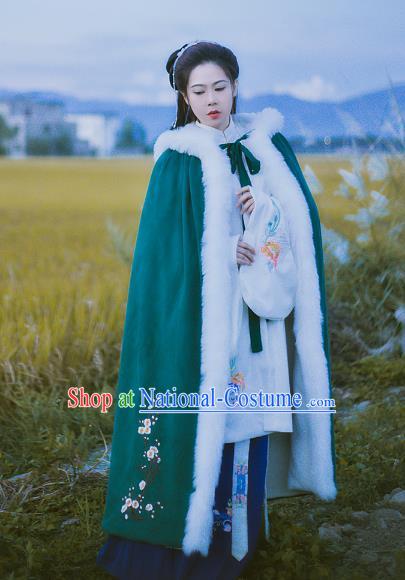 Chinese Ancient Ming Dynasty Princess Embroidered Plum Blossom Mantle Costume Green Long Cloak for Women