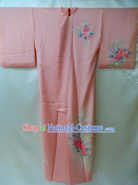 Traditional Japan Palace Costume Pink Dress Furisode Kimono Japanese Yukata for Women