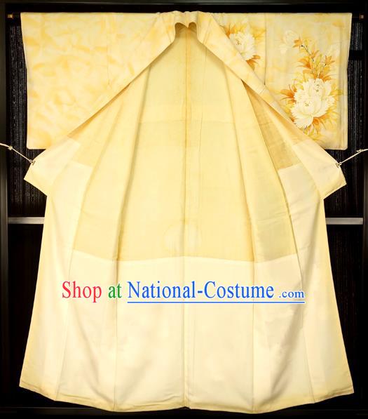 Traditional Japan Palace Printing Flowers Furisode Kimono Costume Japanese Yellow Yukata Dress for Women