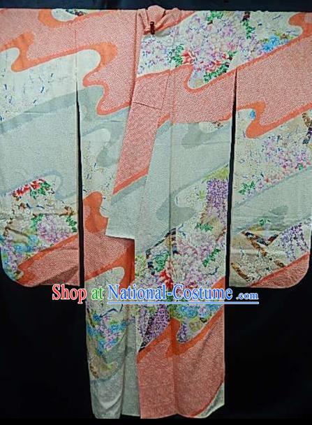 Asian Japan Costume Traditional Printing Peony Furisode Kimono Japanese Yukata Dress for Women