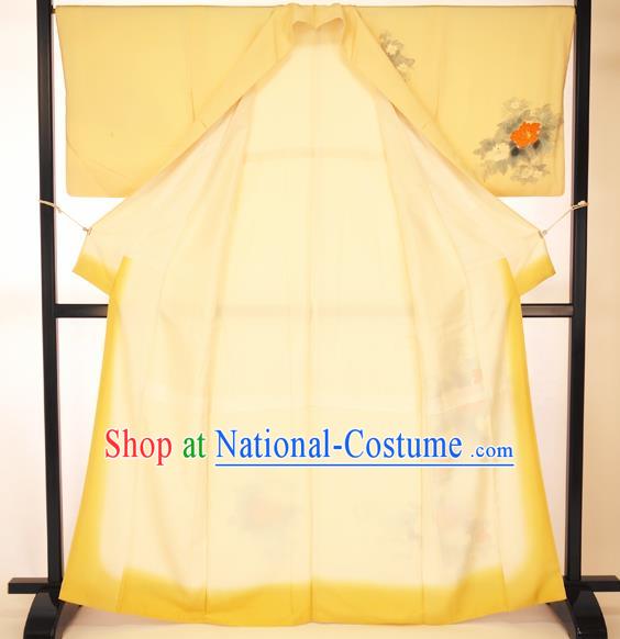 Japan Traditional Formal Costume Printing Flowers Furisode Kimono Yellow Yukata Dress for Women