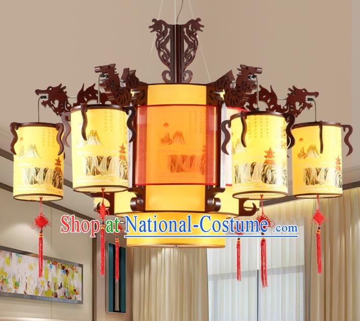 Chinese Handmade Wood Six-Lights Lantern Traditional Palace Hanging Ceiling Lamp Ancient Lanterns