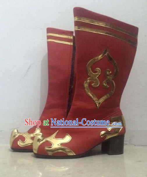 Traditional Chinese Zang Nationality Dance Shoes, Tibetan Ethnic Minority Red Boots for Women