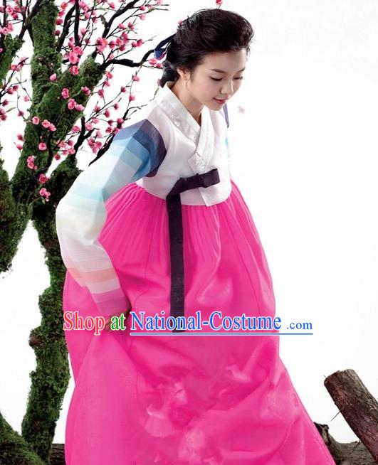 Korean Traditional Bride Palace Hanbok Clothing Korean Fashion Apparel White Blouse and Rosy Dress for Women