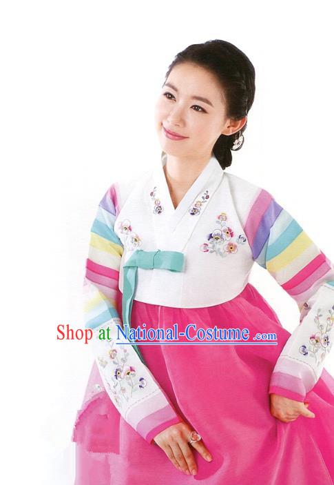 Korean Traditional Palace Clothing Hanbok White Blouse and Pink Dress Korea Fashion Apparel for Women