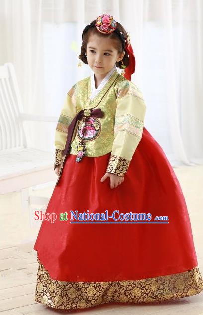 Korean Traditional Hanbok Korea Children Yellow Blouse and Red Dress Fashion Apparel Hanbok Costumes for Kids