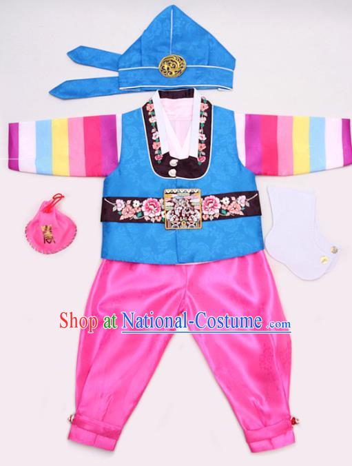 Korean Traditional Hanbok Clothing Korean Boys Hanbok Costumes Blue Shirt and Pink Pants for Kids