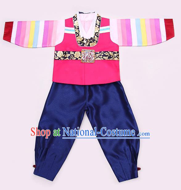 Korean Traditional Hanbok Clothing Korean Boys Hanbok Costumes Pink Shirt and Navy Pants for Kids