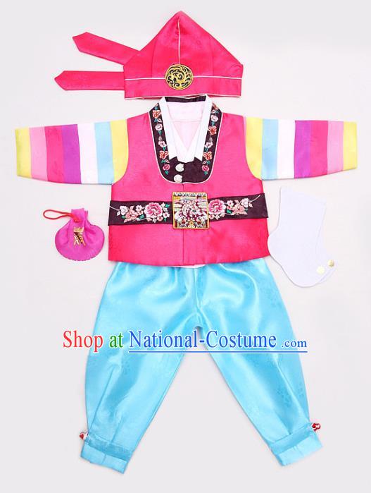 Korean Traditional Hanbok Clothing Korean Boys Hanbok Costumes Pink Shirt and Blue Pants for Kids