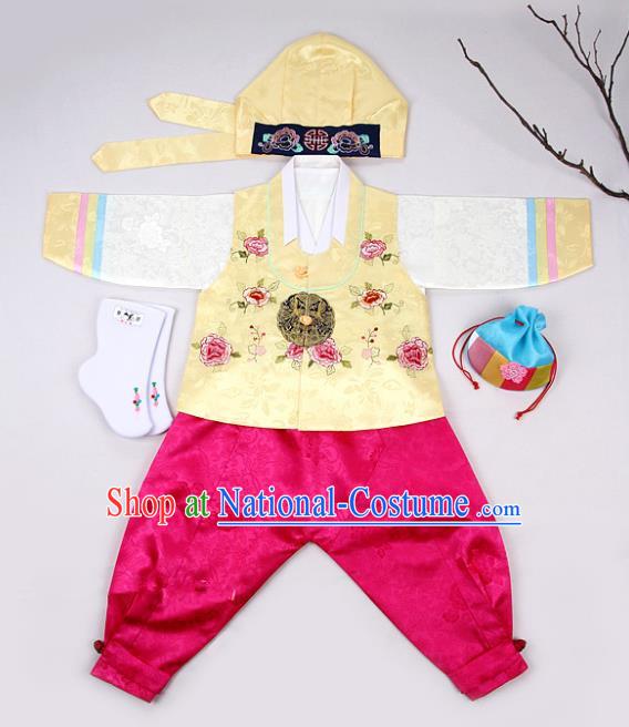 Korean Traditional Hanbok Clothing Korean Boys Hanbok Costumes Yellow Shirt and Rosy Pants for Kids