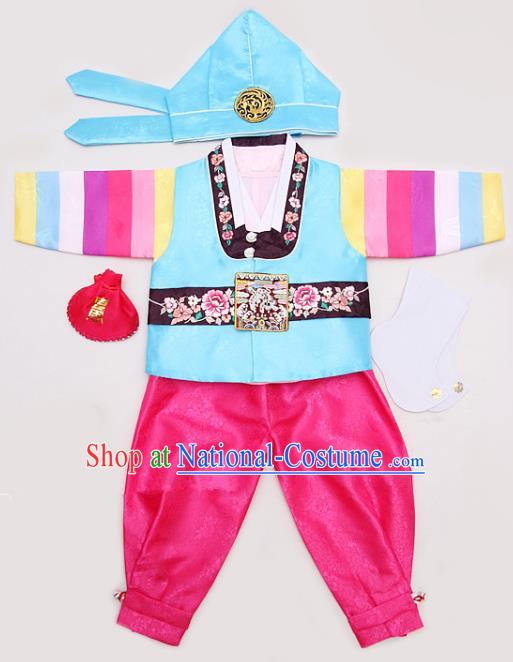 Korean Traditional Hanbok Clothing Korean Boys Hanbok Costumes Blue Shirt and Rosy Pants for Kids