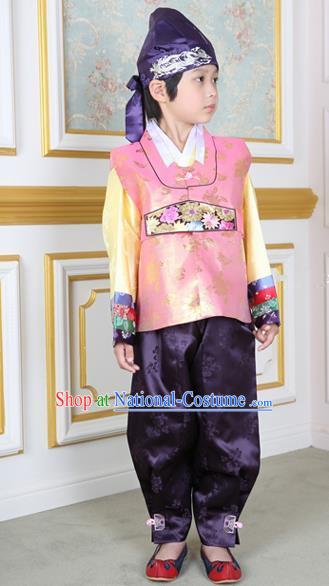 Korean Traditional Hanbok Clothing Korean Boys Hanbok Costumes Pink Shirt and Purple Pants for Kids