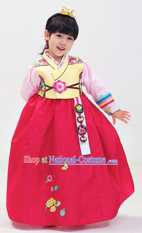 Korean Traditional Hanbok Korea Children Yellow Blouse and Rosy Dress Fashion Apparel Hanbok Costumes for Kids