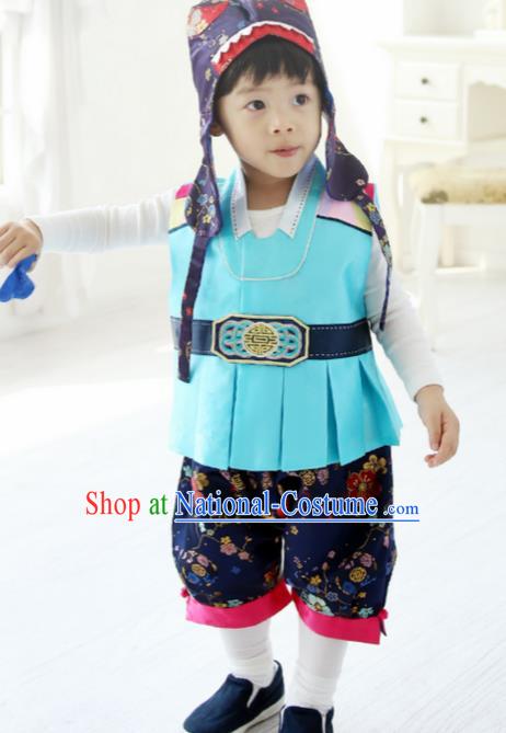 Korean Traditional Hanbok Clothing Korean Boys Hanbok Costumes Blue Shirt and Navy Pants for Kids